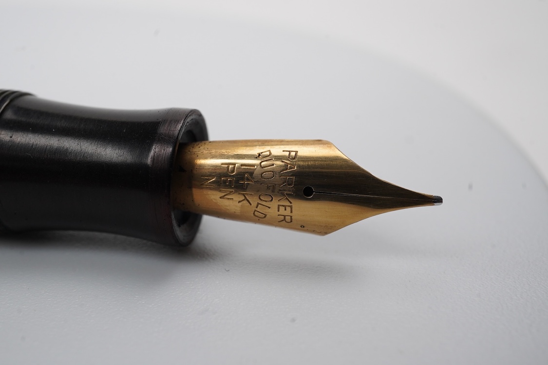 A Parker Senior UK Duofold 'green candy stripe' fountain pen with 14ct. gold 'N' nib